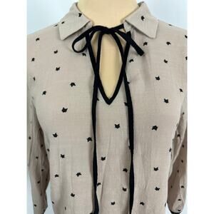 E &M Size Medium Cat Print Sheer Top Blouse Quirky Retro Mod Whimsigoth Academia